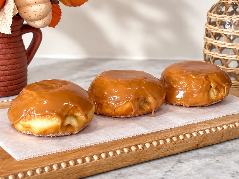 Three caramel apple pie donuts on a wooden board