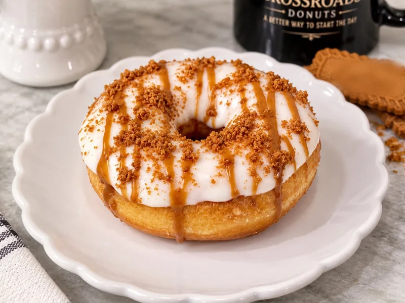 Cookie butter donut with vanilla icing, cookie crumbs, and a cookie butter drizzle, next to a Crossroads Donuts mug