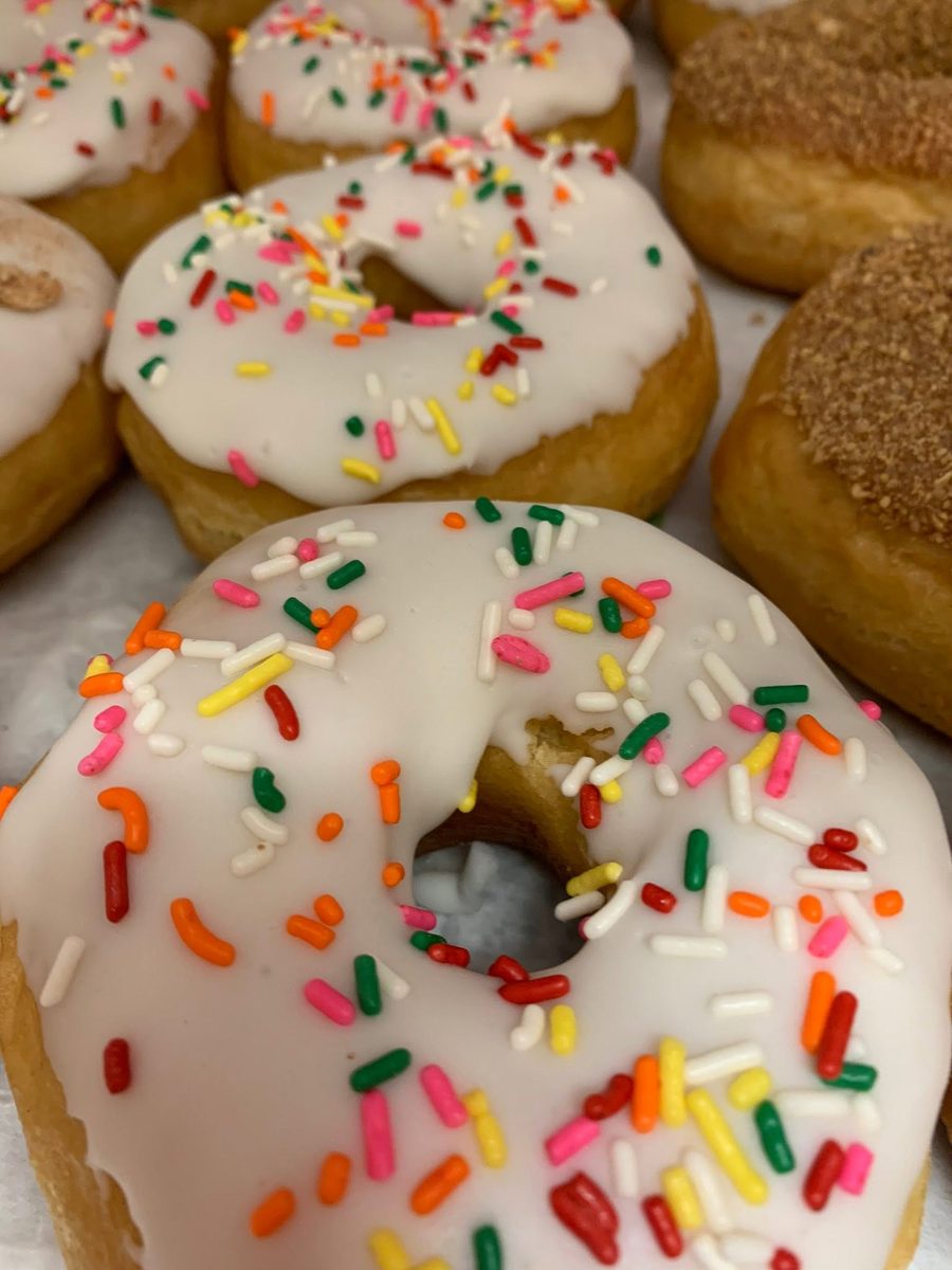 Vanilla-iced donuts covered in rainbow sprinkles